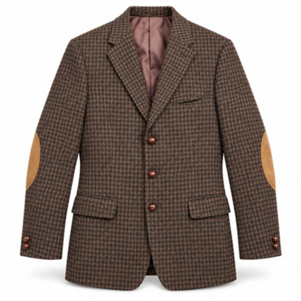 Harris Tweed Men's 44R Brown Check Wool Blazer Suede Elbow Patches Vintage
